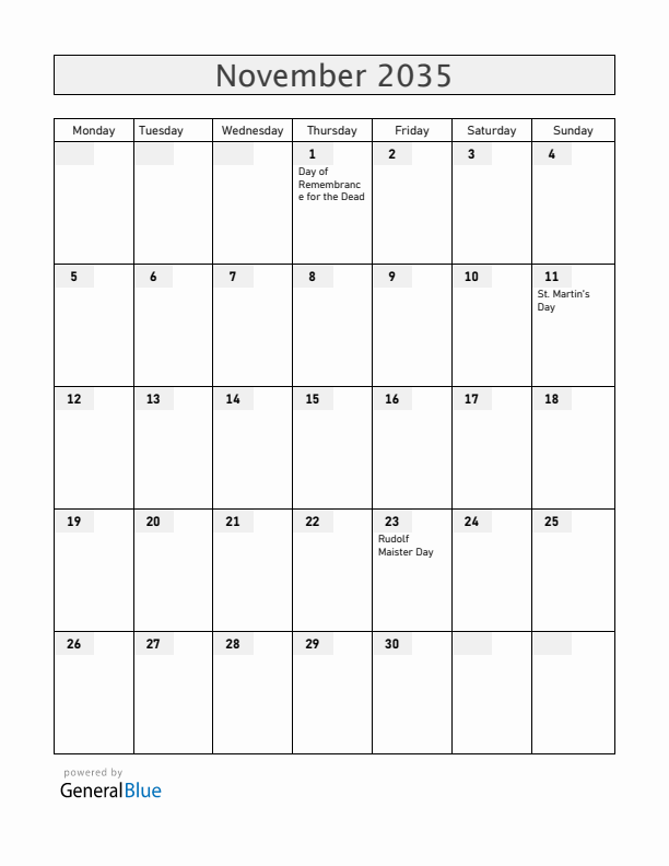 Slovenia November 2035 Calendar with Holidays