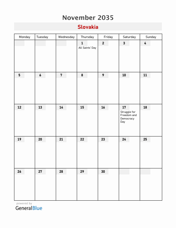 Slovakia November 2035 Calendar with Holidays