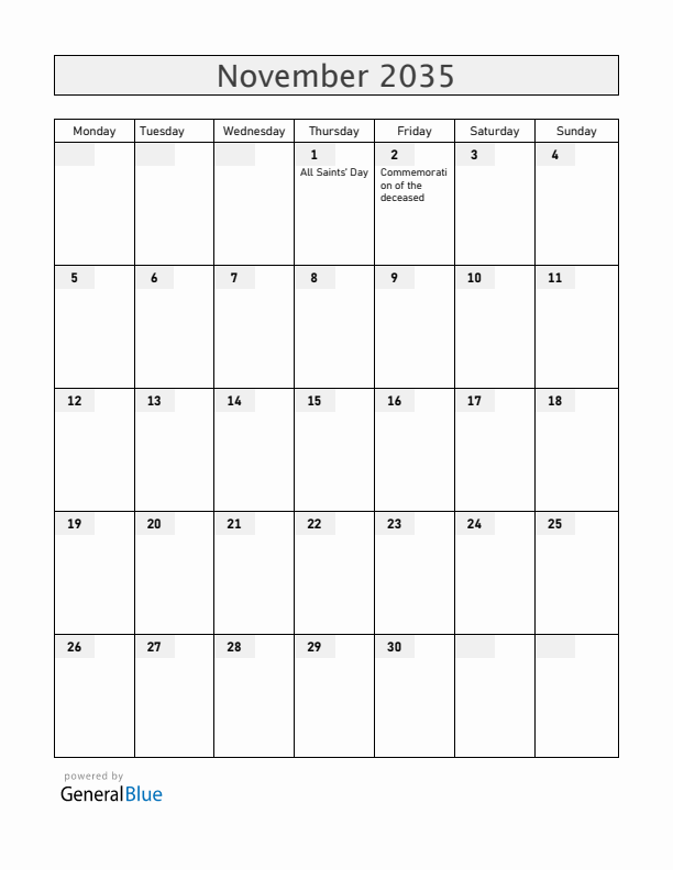 San Marino November 2035 Calendar with Holidays