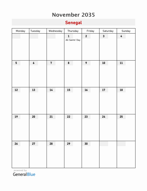 Senegal November 2035 Calendar with Holidays