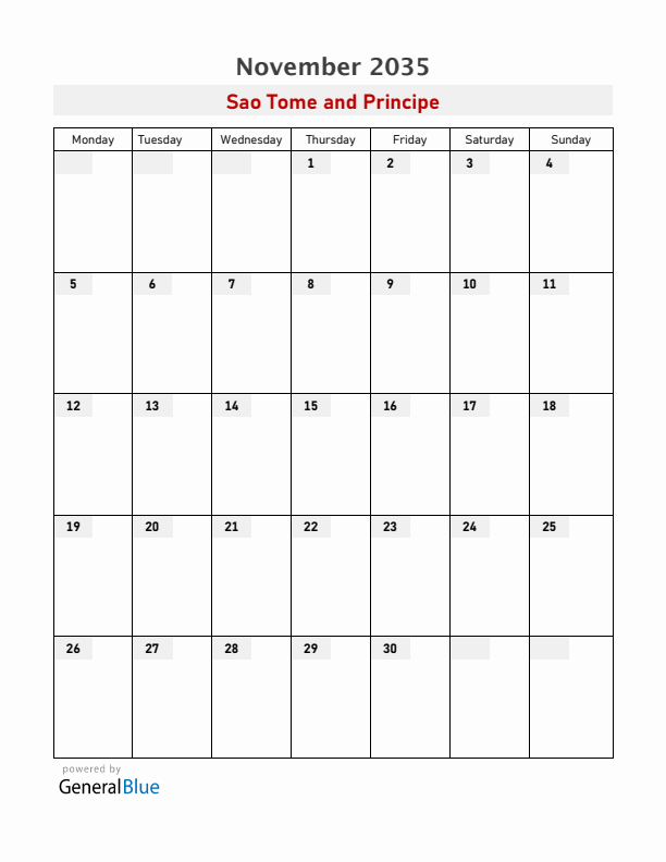Sao Tome and Principe November 2035 Calendar with Holidays