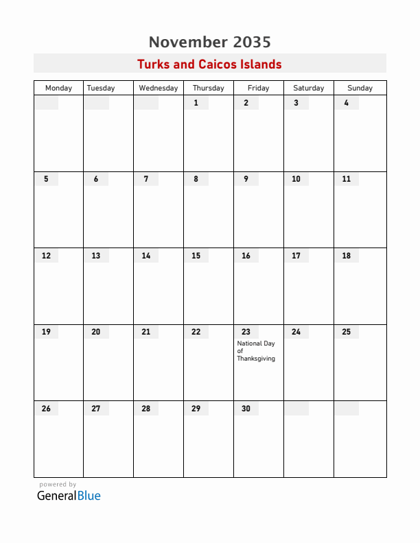 Turks and Caicos Islands November 2035 Calendar with Holidays
