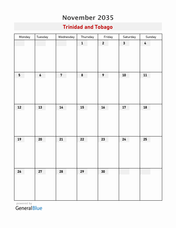Trinidad and Tobago November 2035 Calendar with Holidays