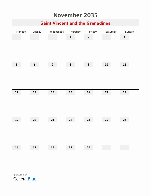 Saint Vincent and the Grenadines November 2035 Calendar with Holidays