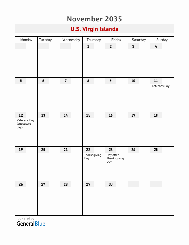 U.S. Virgin Islands November 2035 Calendar with Holidays
