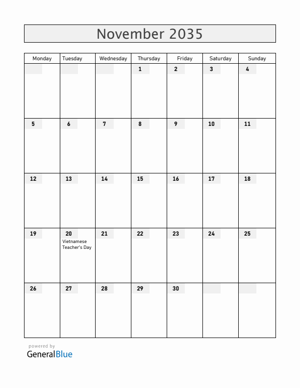 Vietnam November 2035 Calendar with Holidays