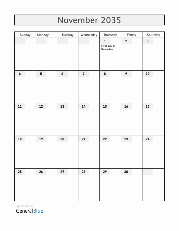 United Arab Emirates November 2035 Calendar with Holidays