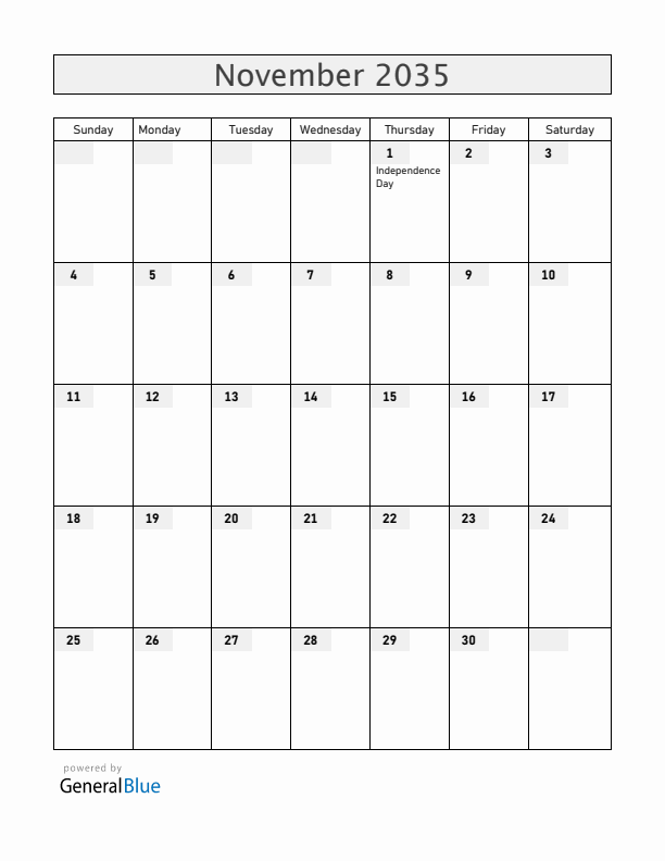 Antigua and Barbuda November 2035 Calendar with Holidays