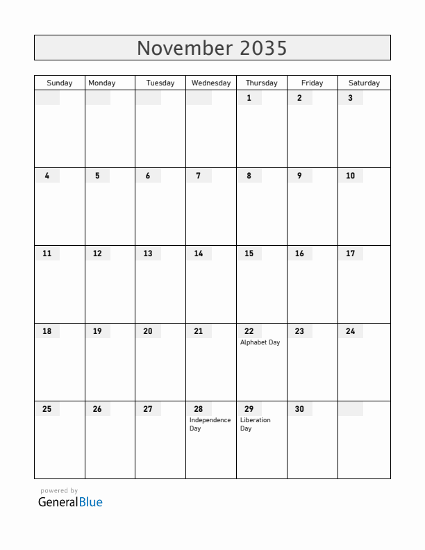 Albania November 2035 Calendar with Holidays