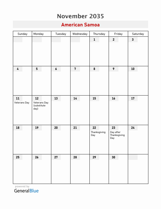 American Samoa November 2035 Calendar with Holidays