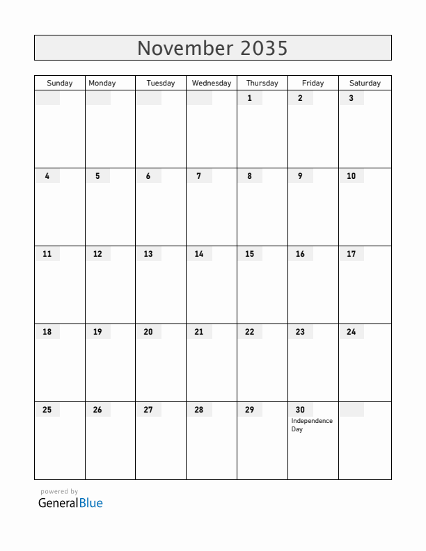 Barbados November 2035 Calendar with Holidays