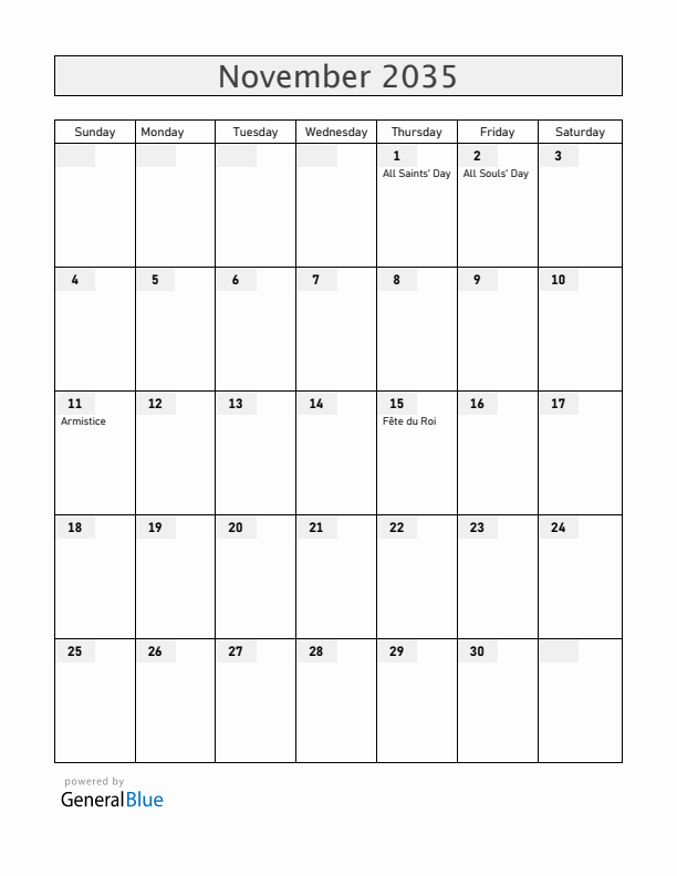 Belgium November 2035 Calendar with Holidays