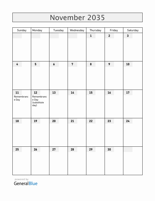 Bermuda November 2035 Calendar with Holidays