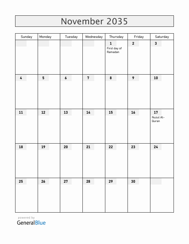 Brunei November 2035 Calendar with Holidays