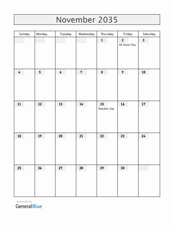 Brazil November 2035 Calendar with Holidays