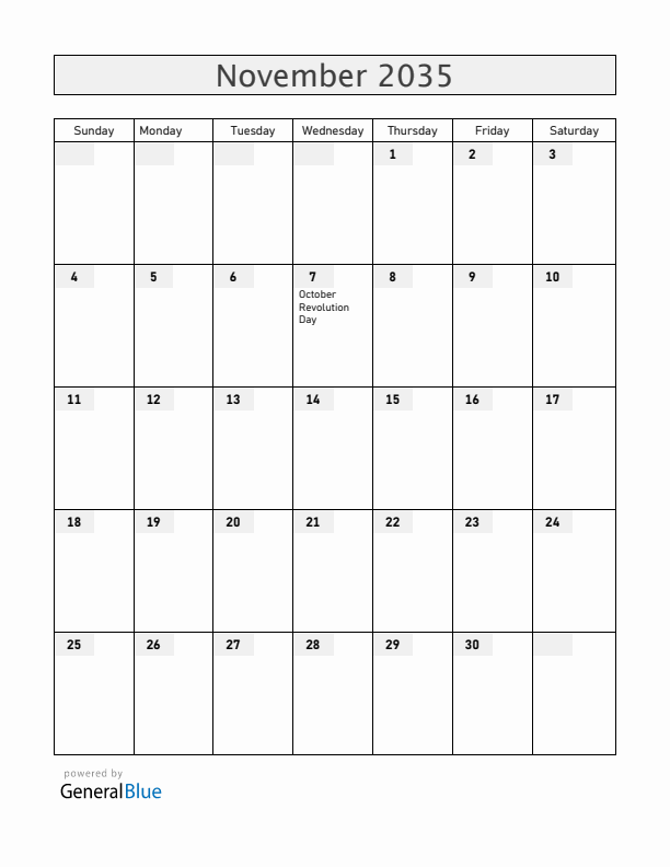 Belarus November 2035 Calendar with Holidays