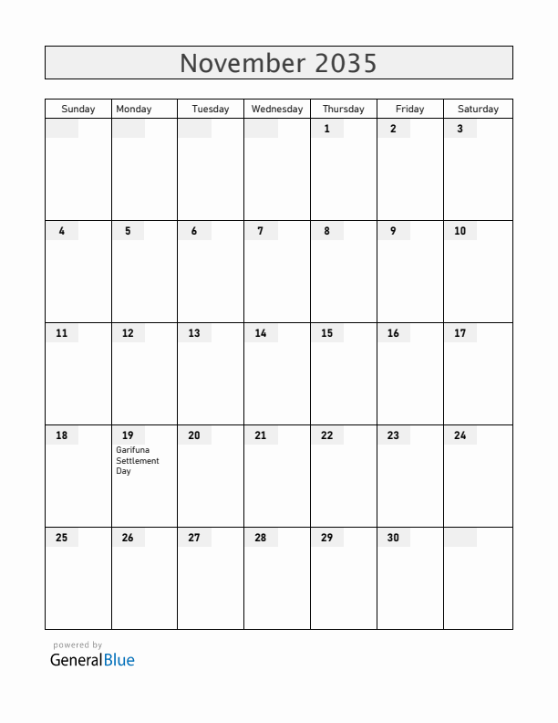 Belize November 2035 Calendar with Holidays