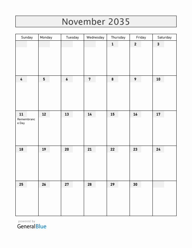 Canada November 2035 Calendar with Holidays