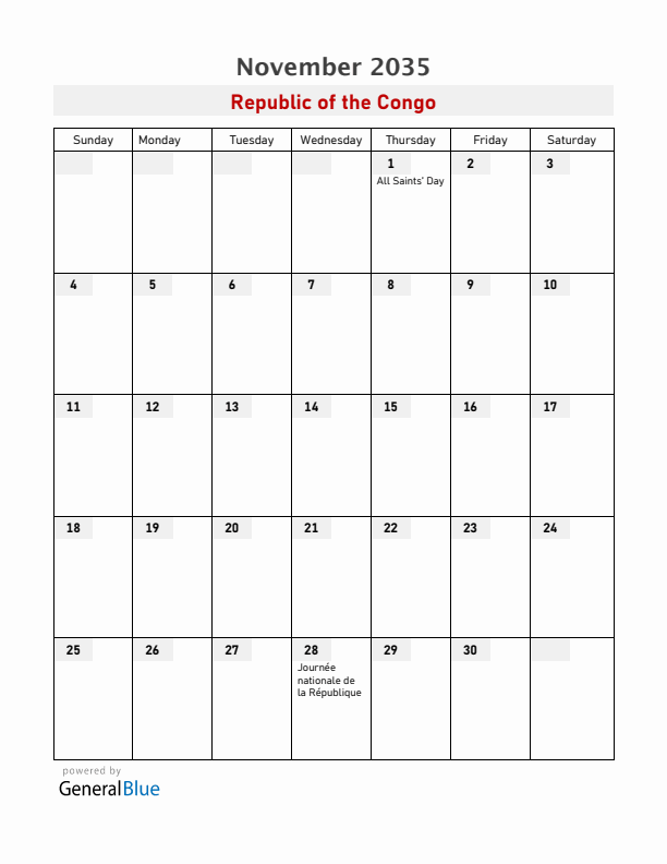 Republic of the Congo November 2035 Calendar with Holidays