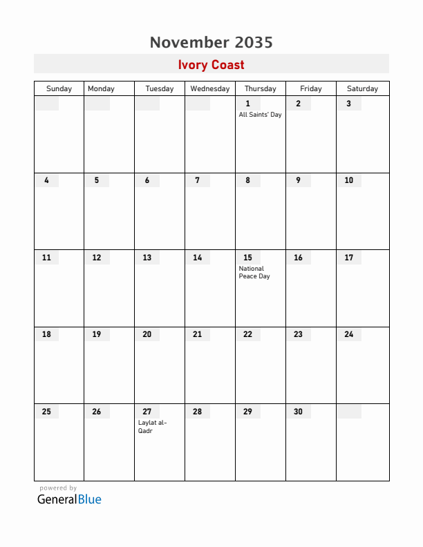 Ivory Coast November 2035 Calendar with Holidays