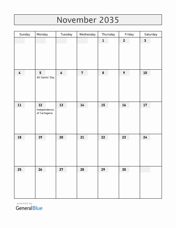Colombia November 2035 Calendar with Holidays