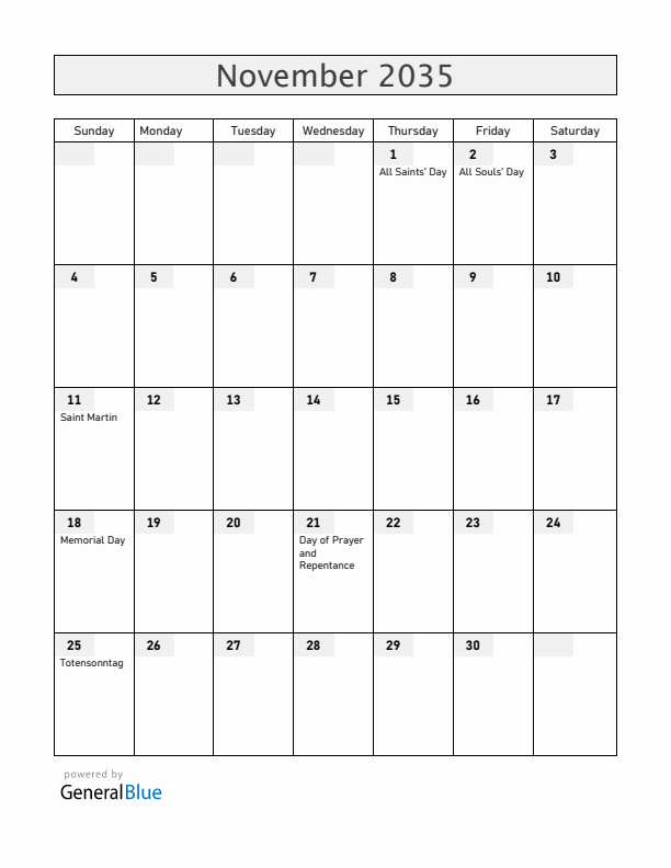 Germany November 2035 Calendar with Holidays