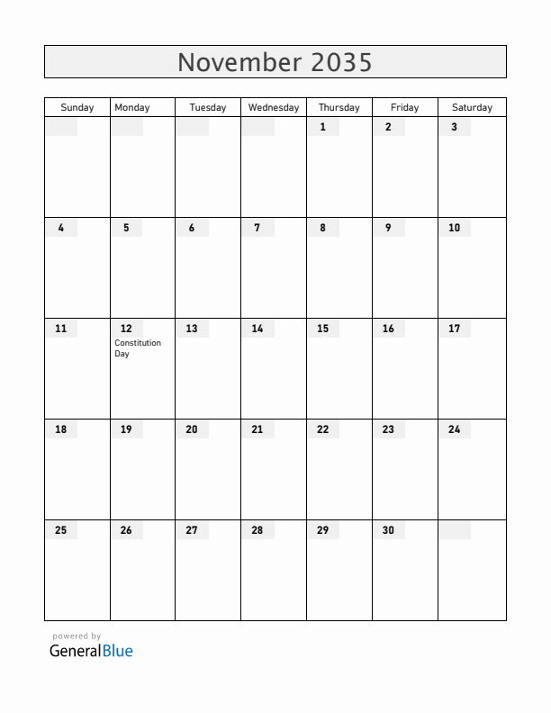 Dominican Republic November 2035 Calendar with Holidays