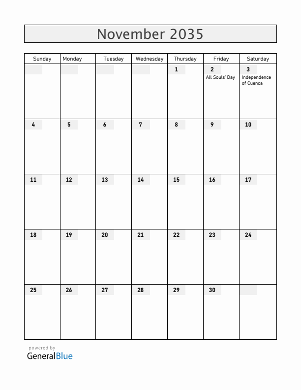 Ecuador November 2035 Calendar with Holidays