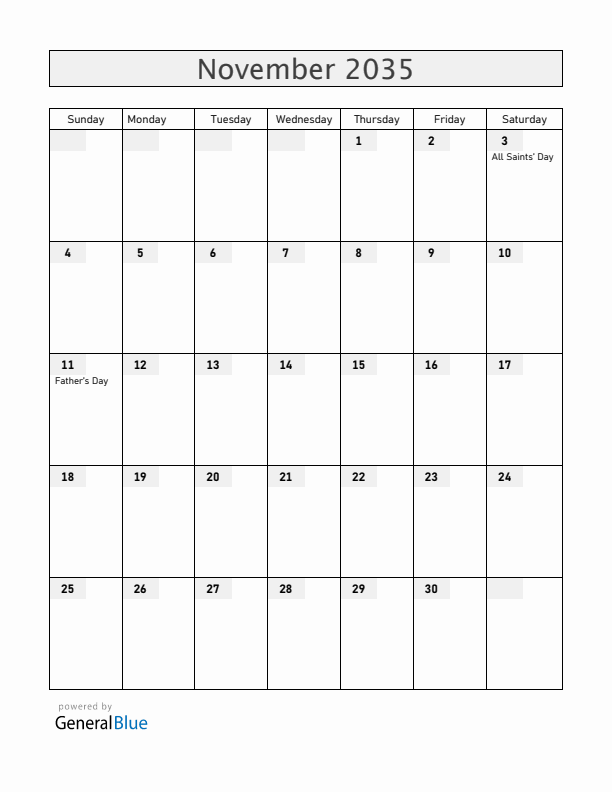Finland November 2035 Calendar with Holidays