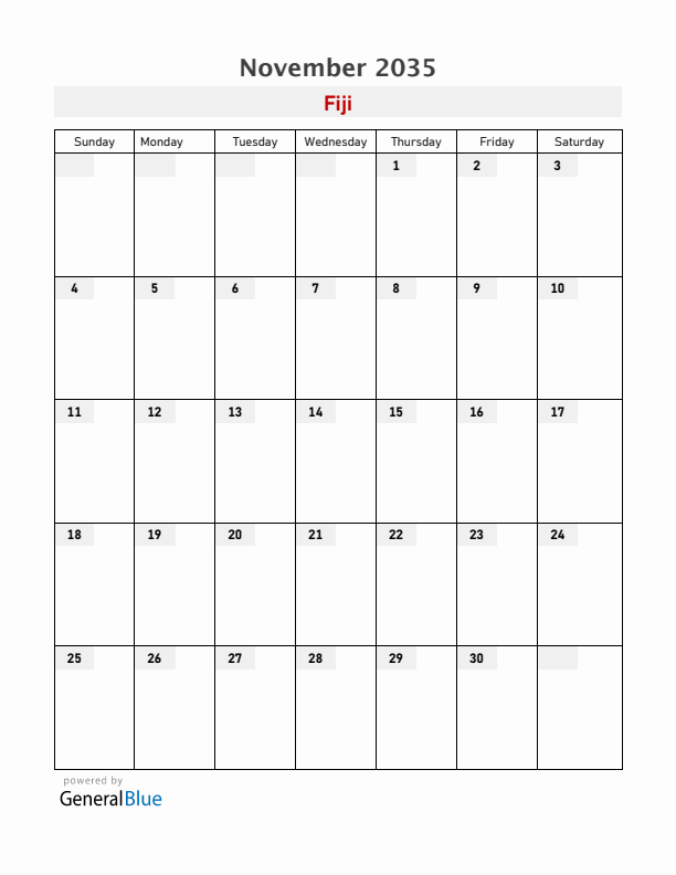 Fiji November 2035 Calendar with Holidays