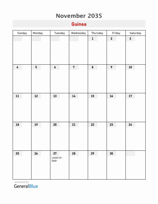 Guinea November 2035 Calendar with Holidays