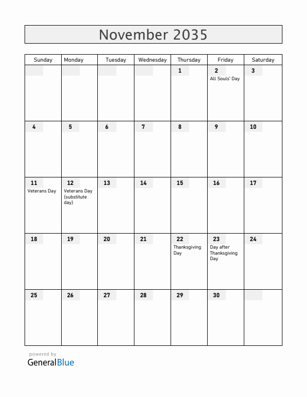 Guam November 2035 Calendar with Holidays