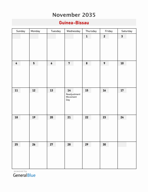 Guinea-Bissau November 2035 Calendar with Holidays