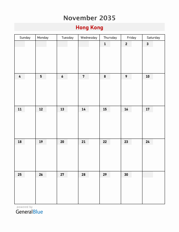 Hong Kong November 2035 Calendar with Holidays