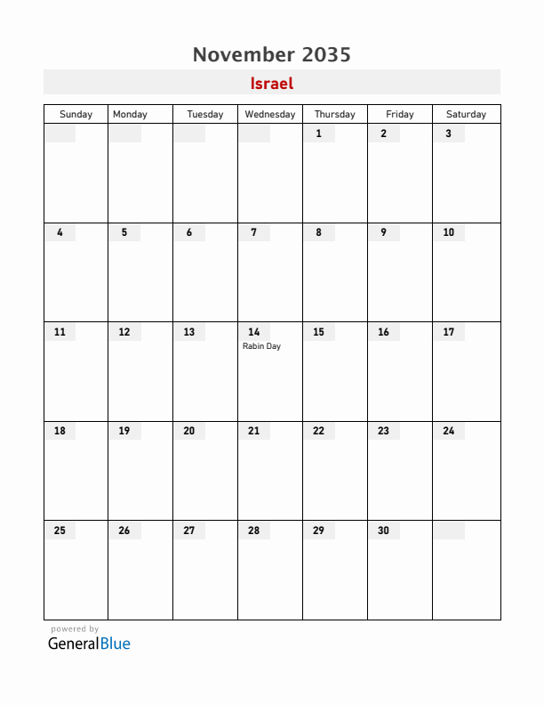 Israel November 2035 Calendar with Holidays