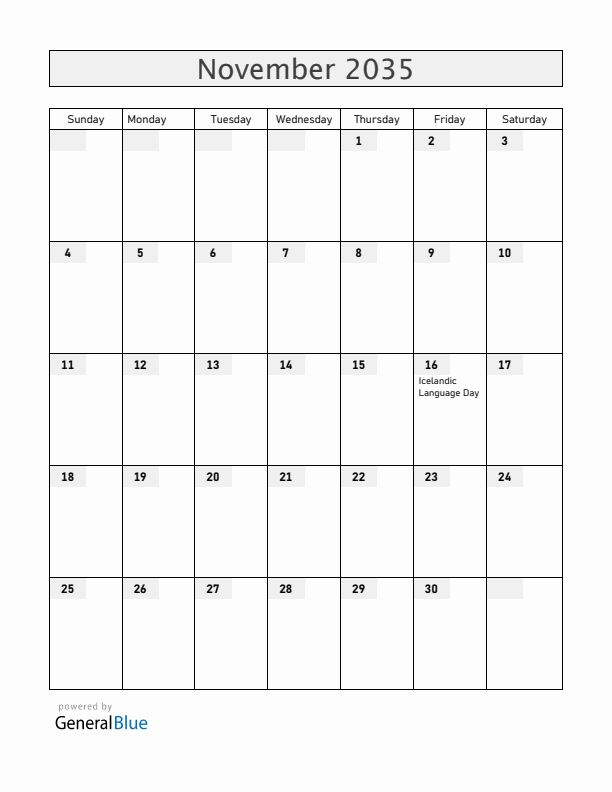 Iceland November 2035 Calendar with Holidays