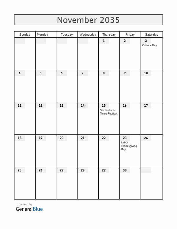 Japan November 2035 Calendar with Holidays