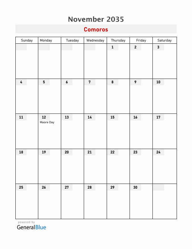 Comoros November 2035 Calendar with Holidays