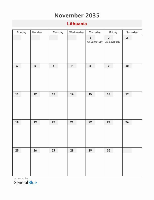 Lithuania November 2035 Calendar with Holidays
