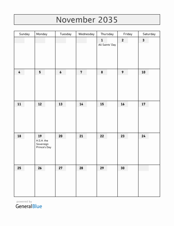 Monaco November 2035 Calendar with Holidays
