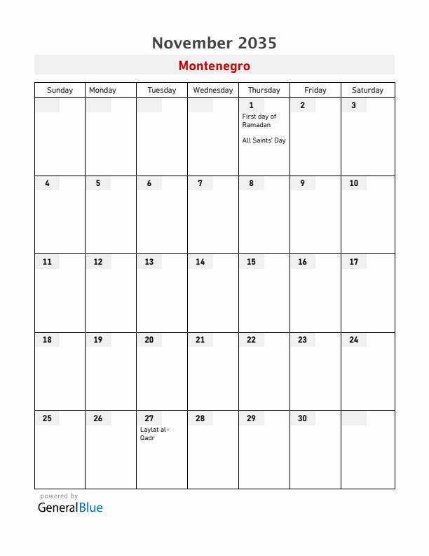Montenegro November 2035 Calendar with Holidays
