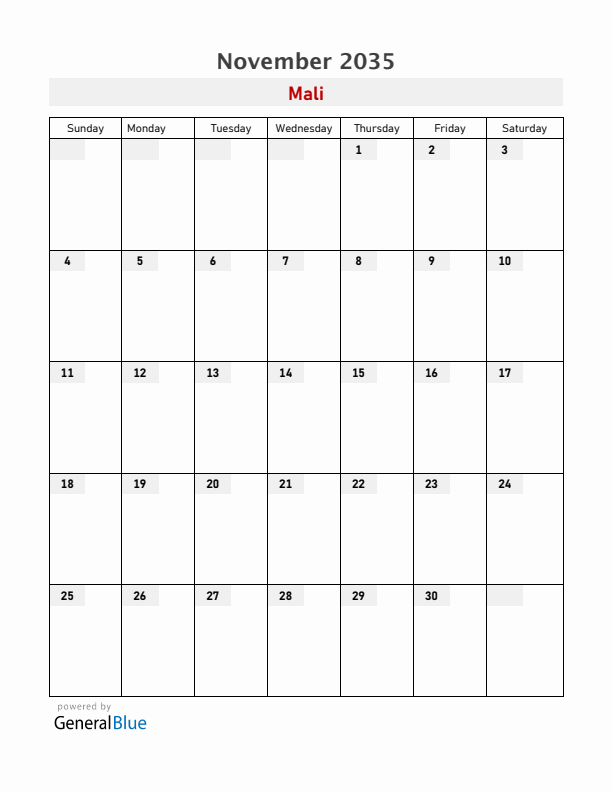 Mali November 2035 Calendar with Holidays