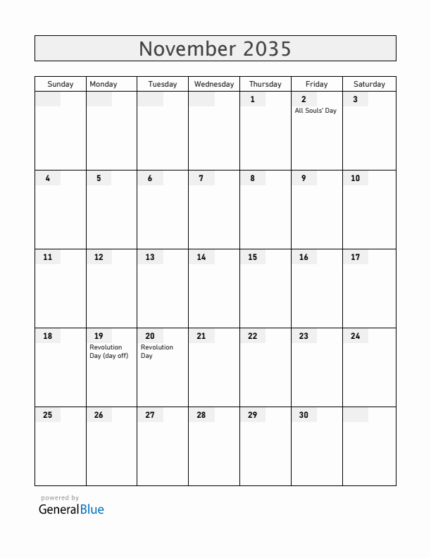 Mexico November 2035 Calendar with Holidays