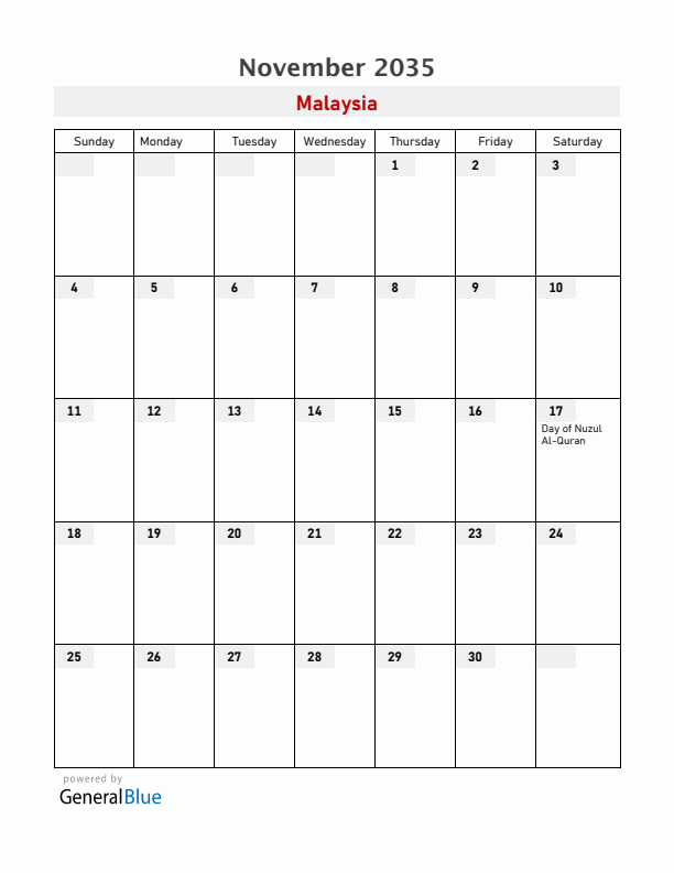 Malaysia November 2035 Calendar with Holidays