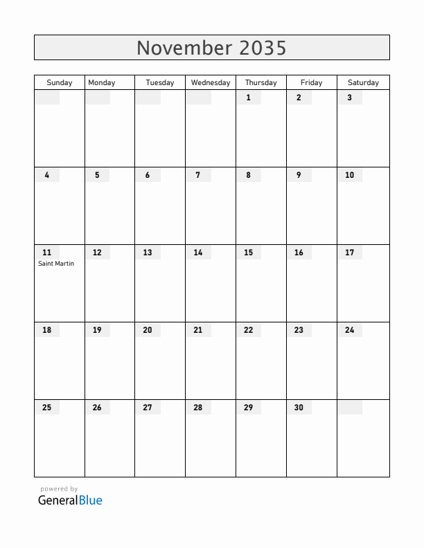 The Netherlands November 2035 Calendar with Holidays
