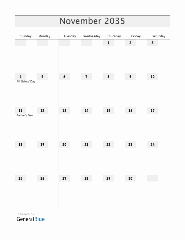 Norway November 2035 Calendar with Holidays