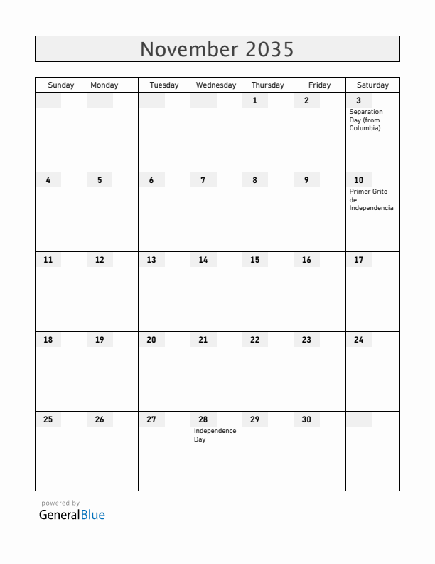 Panama November 2035 Calendar with Holidays