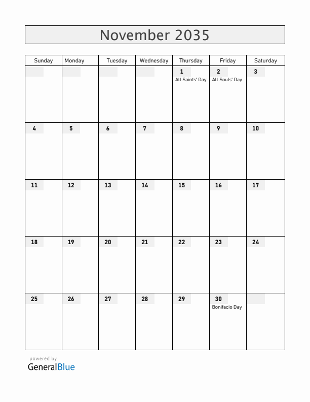 Philippines November 2035 Calendar with Holidays