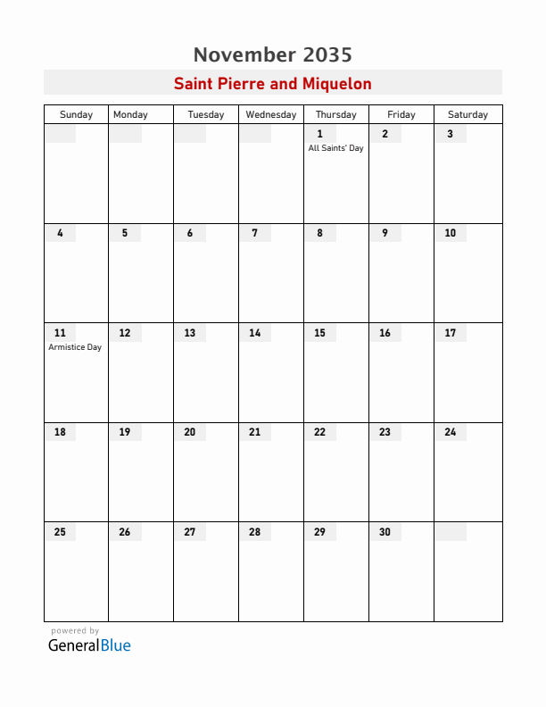 Saint Pierre and Miquelon November 2035 Calendar with Holidays