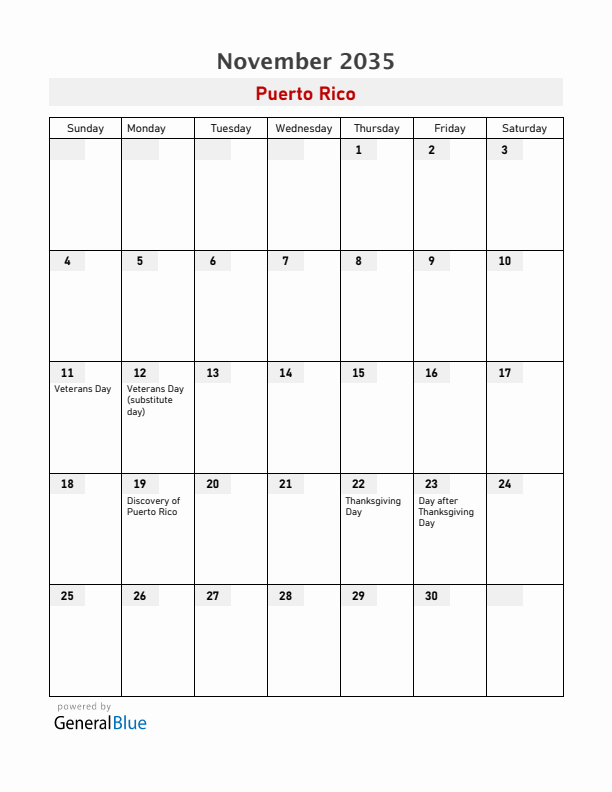 Puerto Rico November 2035 Calendar with Holidays